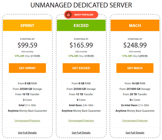 A2 Hosting Unmanaged Dedicated Server Plans and Pricing