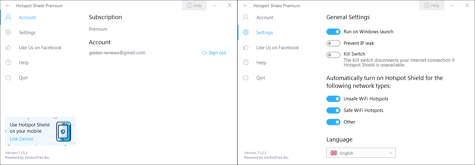 Hotspot Shield Windows App Settings Screenshots