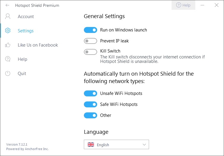 Hotspot Shield Windows App Settings Screenshot