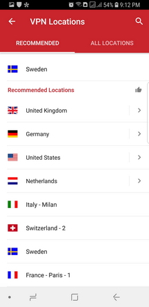 ExpressVPN Android App Screenshot - Recommended VPN Locations