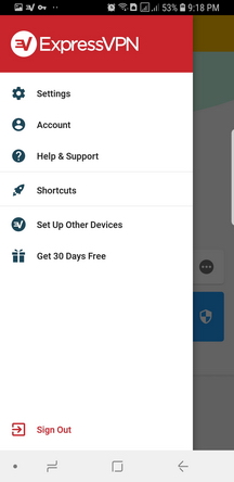 ExpressVPN Android App Screenshot - Menu