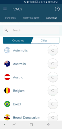 Ivacy Android App Screenshot - Server Locations