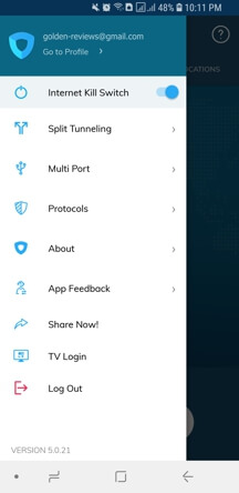 Ivacy Android App Screenshot - Menu