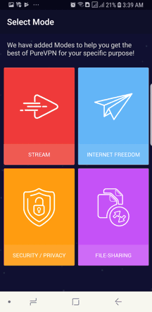 PureVPN Android App Screenshot - Select Mode