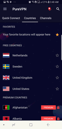 PureVPN Android App Screenshot - Locations