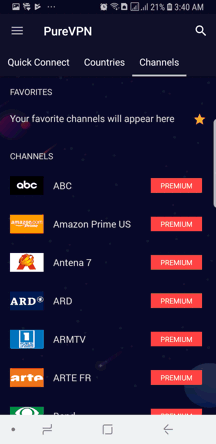 PureVPN Android App Screenshot - Channels