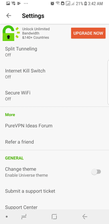 PureVPN Android App Screenshot - Settings 2