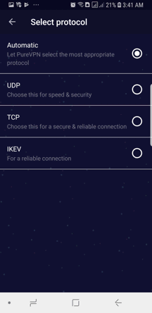 PureVPN Android App Screenshot - Select Protocol