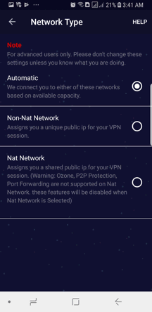 PureVPN Android App Screenshot - Network Type