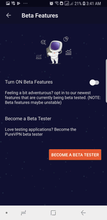 PureVPN Android App Screenshot - Beta Features