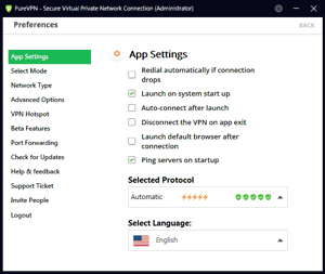 PureVPN Windows App Screenshot - App Settings