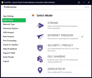 PureVPN Windows App Screenshot - Select Mode