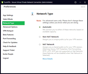 PureVPN Windows App Screenshot - Network Type