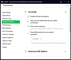 PureVPN Windows App Screenshot - Advanced Options - Security