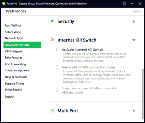 PureVPN Windows App Screenshot - Advanced Options - Kill Switch