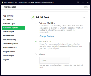 PureVPN Windows App Screenshot - Advanced Options - Multi Port