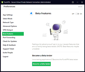 PureVPN Windows App Screenshot - Beta Features