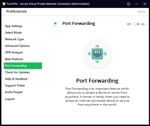 PureVPN Windows App Screenshot - Port Forwarding