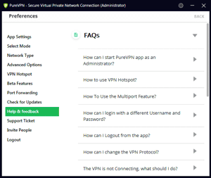 PureVPN Windows App Screenshot - Help and Feedback