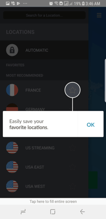 SaferVPN Android App Screenshot - Favorite Locations
