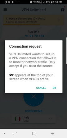 VPN Unlimited Android App Connection Request Screenshot