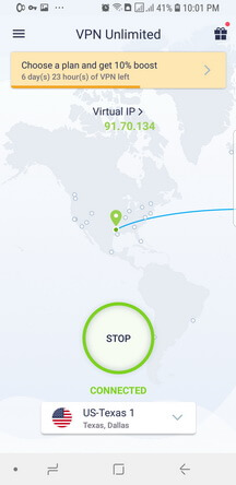 VPN Unlimited Android App Connected Screenshot