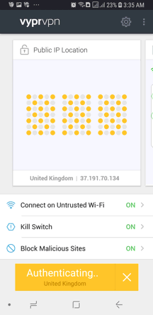 VyprVPN Android App Screenshot - Authenticating