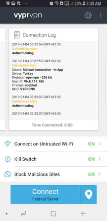 VyprVPN Android App Screenshot - Connection Log