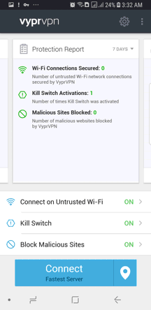 VyprVPN Android App Screenshot - Protection Report