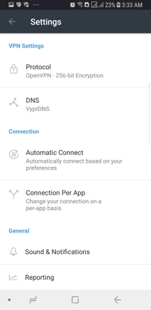 VyprVPN Android App Screenshot - Settings