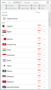 VyprVPN Windows App Screenshot - Server Locations by Region