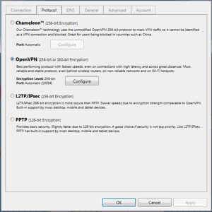 VyprVPN Windows App Screenshot - Protocol Settings