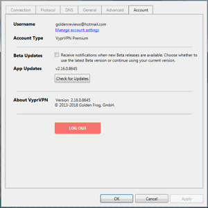 VyprVPN Windows App Screenshot - Account Settings