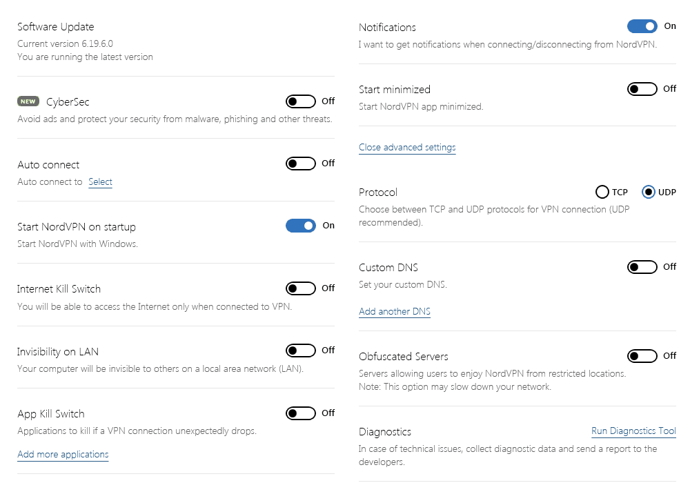 NordVPN Windows App Settings