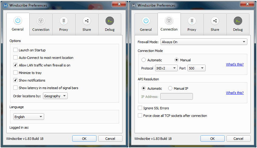 WindScribe Windows App Settings